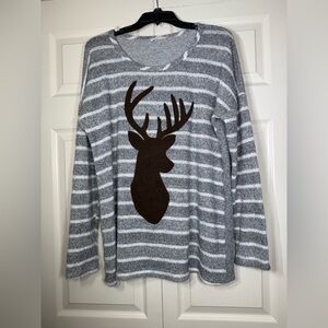 BO BEL Women’s Sequined Deer Print Long Sleeve Striped Festive Shirt